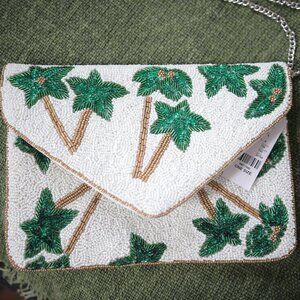 NWT Embellished Palm Tree White Beaded Clutch Small Purse